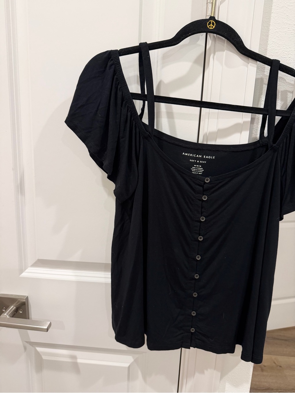American Eagle Outfitters Black Off-Shoulder Button Front Blouse